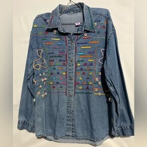 Vintage Embroidered‎ Jean Blouse 90s Geometric Denim Button Up Over